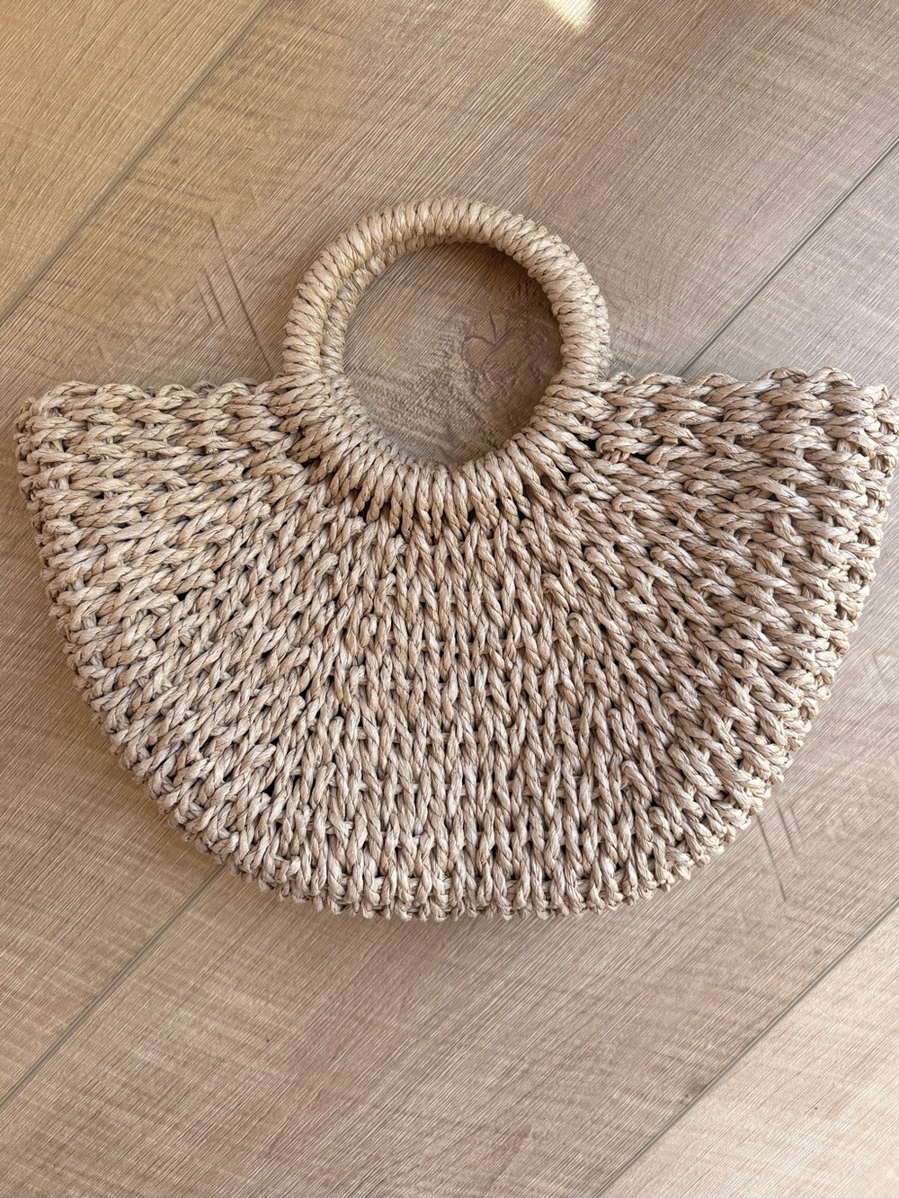 New! Round-Handle Woven Cresent Straw Tote in Dark Natural Tan.